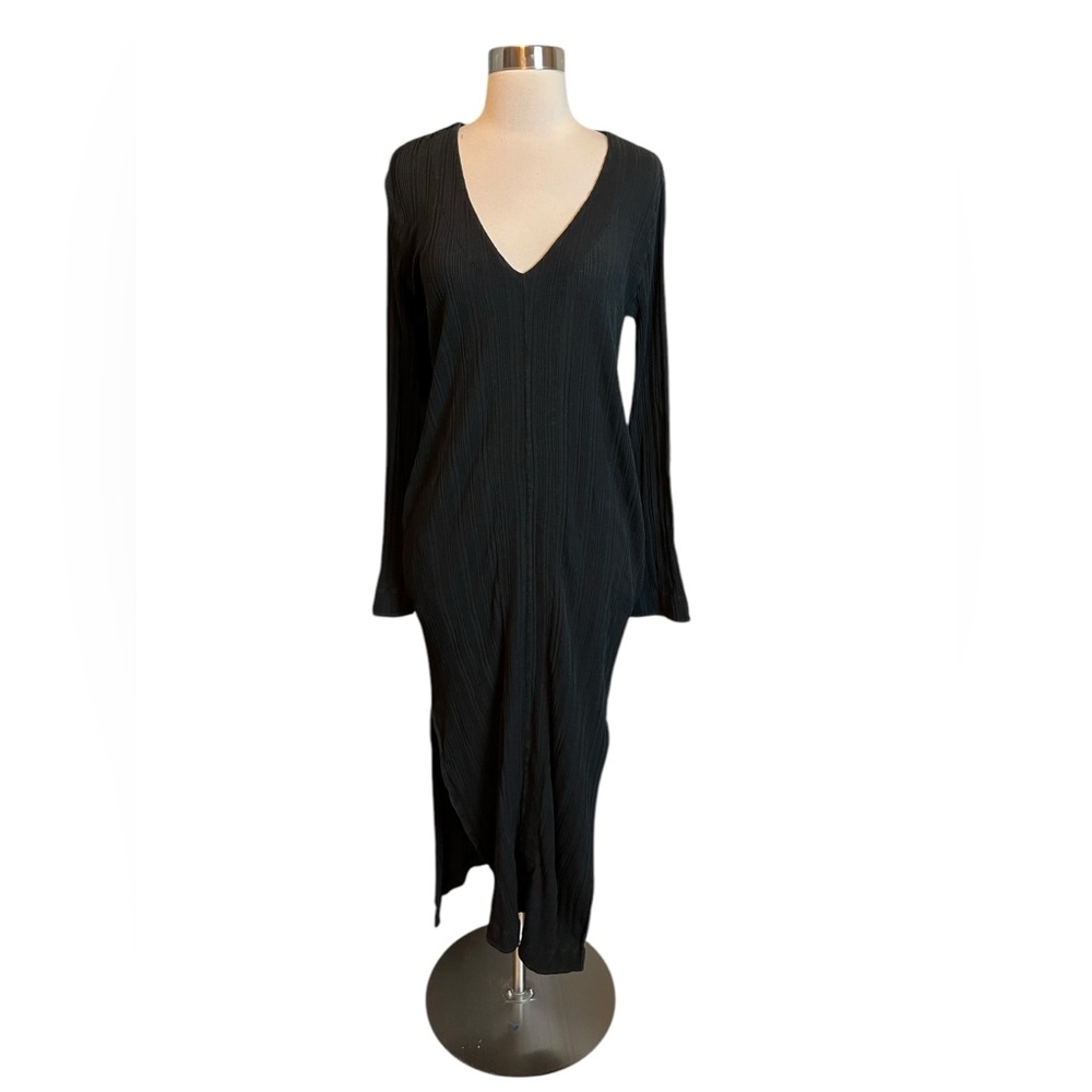 Skin Worldwide Dress Size 1 Black Ribbed V Neck Flared Sleeve Midi